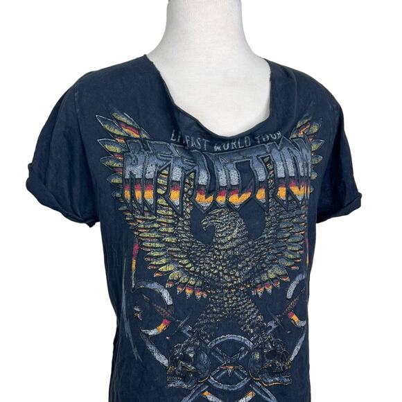 Affliction Distressed Graphic Relaxed Fit Faux Back Lace Up Tee T-Shirt Large - Picture 3 of 4